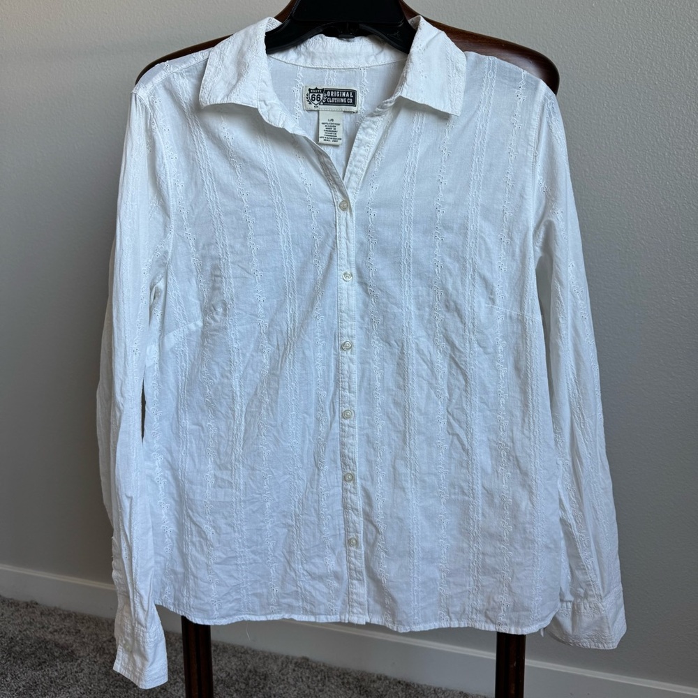 Route 66 White Eyelet Button-Up Shirt Cotton Embroidered Blouse Boho Classic